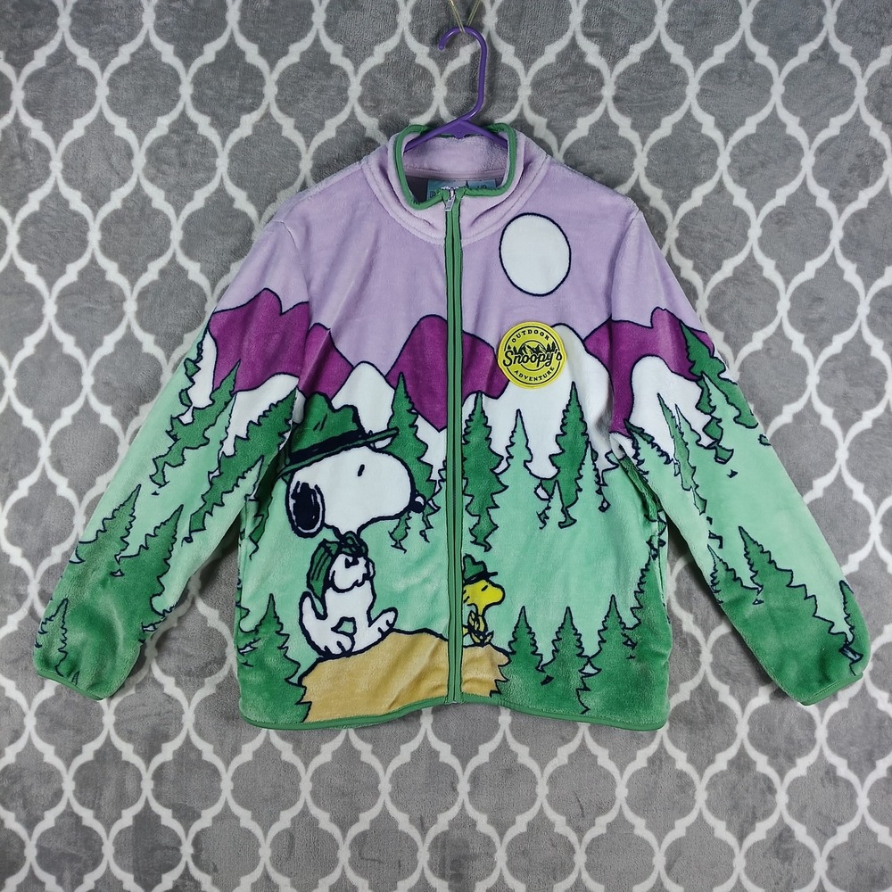 Peanuts Snoopy Fleece Jacket Women L Green Purple Camper Outdoor Zip Up